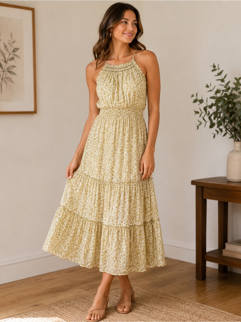 Max Studio Pale Yellow Floral Tiered Halter Maxi Dress